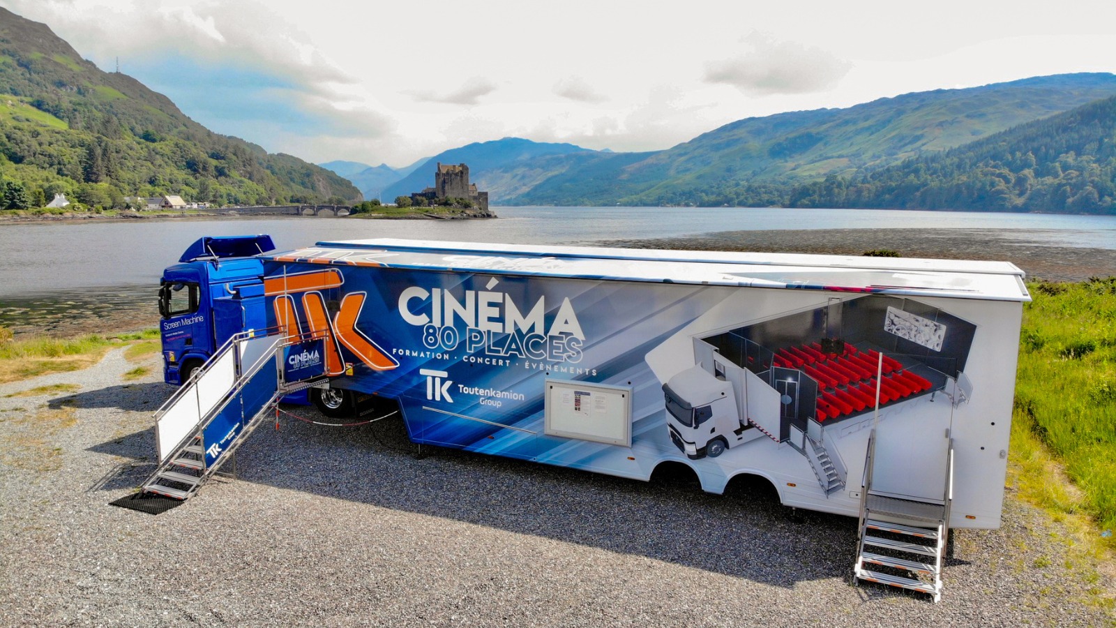 The Cinemobile sits parked in Dornie by Eilean Donan castle. Photo by Iain MacColl.